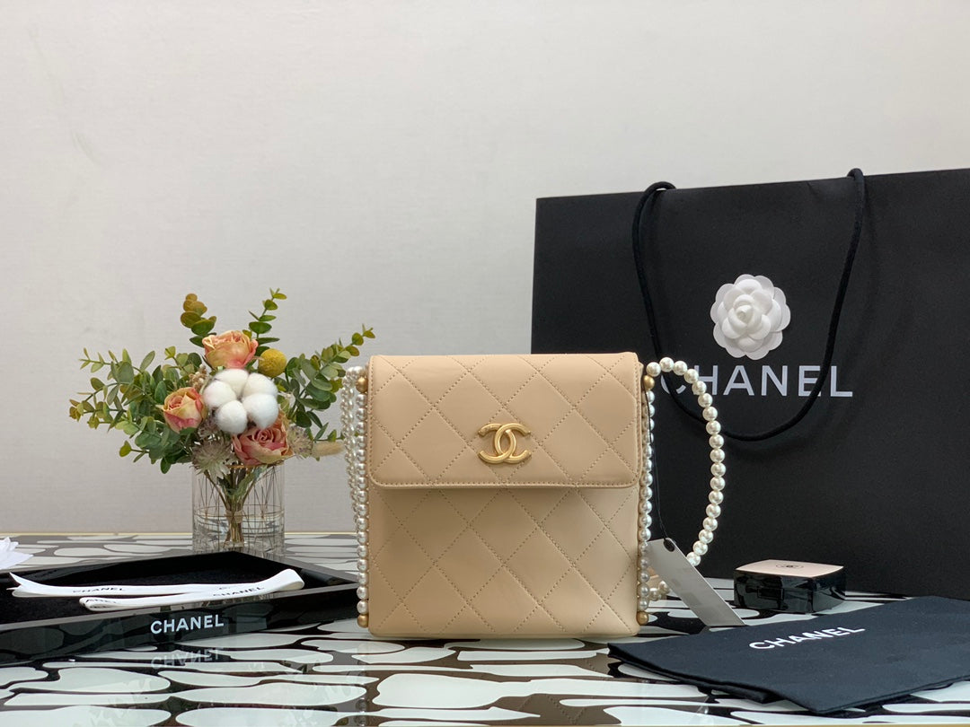 Chanel Beige Quilted Leather Pearl Strap Flap Bag