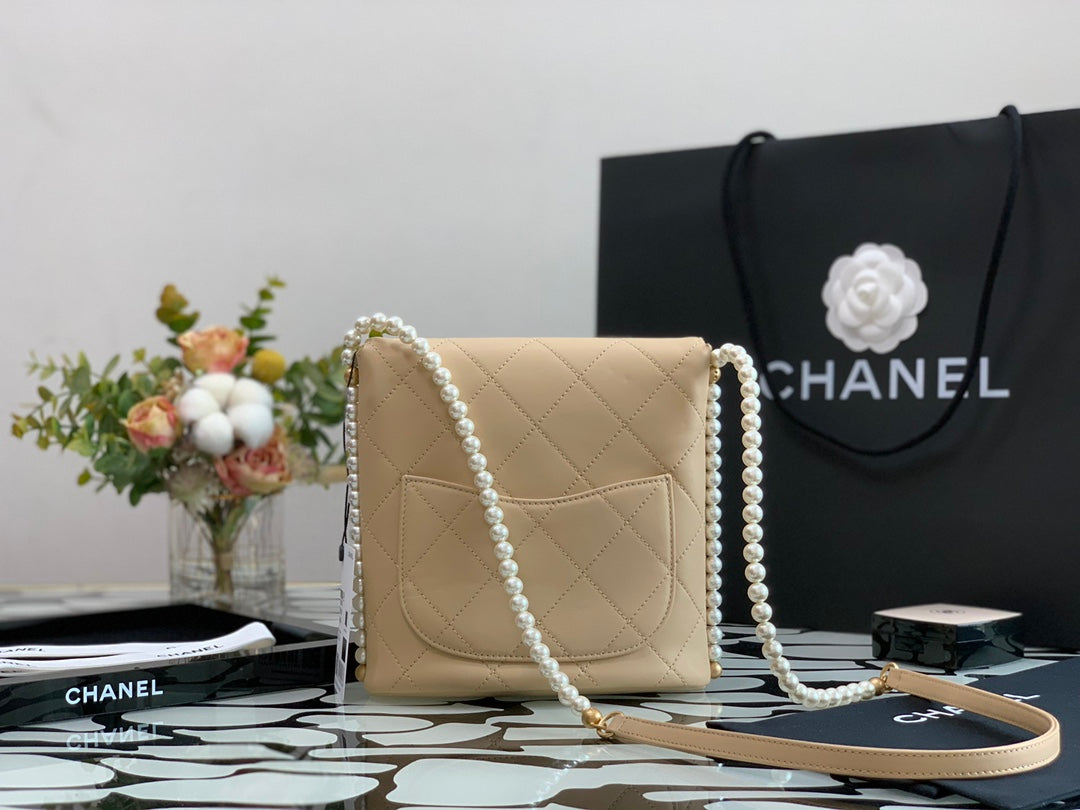 Chanel Beige Quilted Leather Pearl Strap Flap Bag