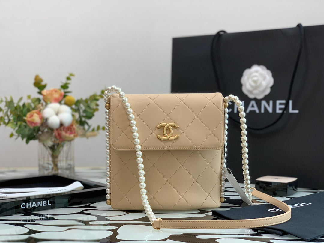 Chanel Beige Quilted Leather Pearl Strap Flap Bag