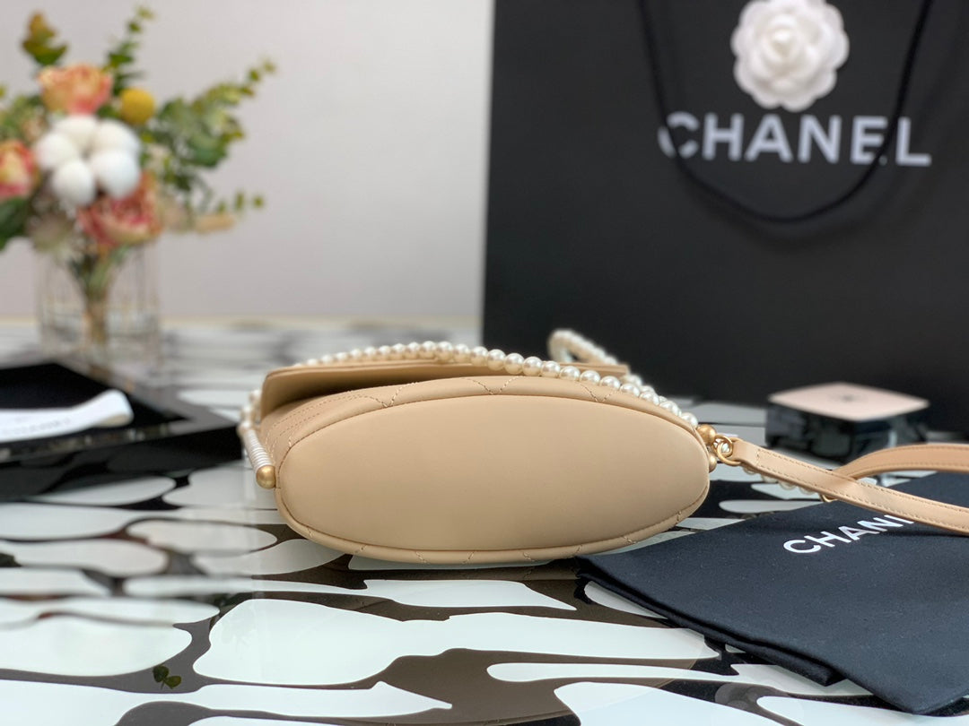Chanel Beige Quilted Leather Pearl Strap Flap Bag