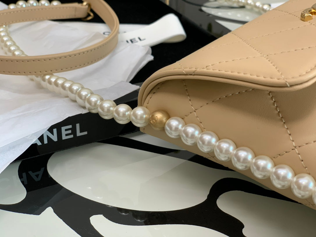 Chanel Beige Quilted Leather Pearl Strap Flap Bag
