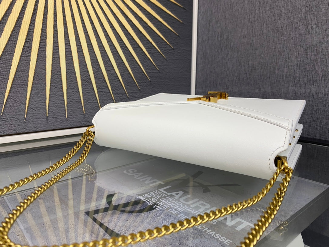Saint Laurent Cassandra Medium Envelope Shoulder Bag in White Leather with Gold Hardware