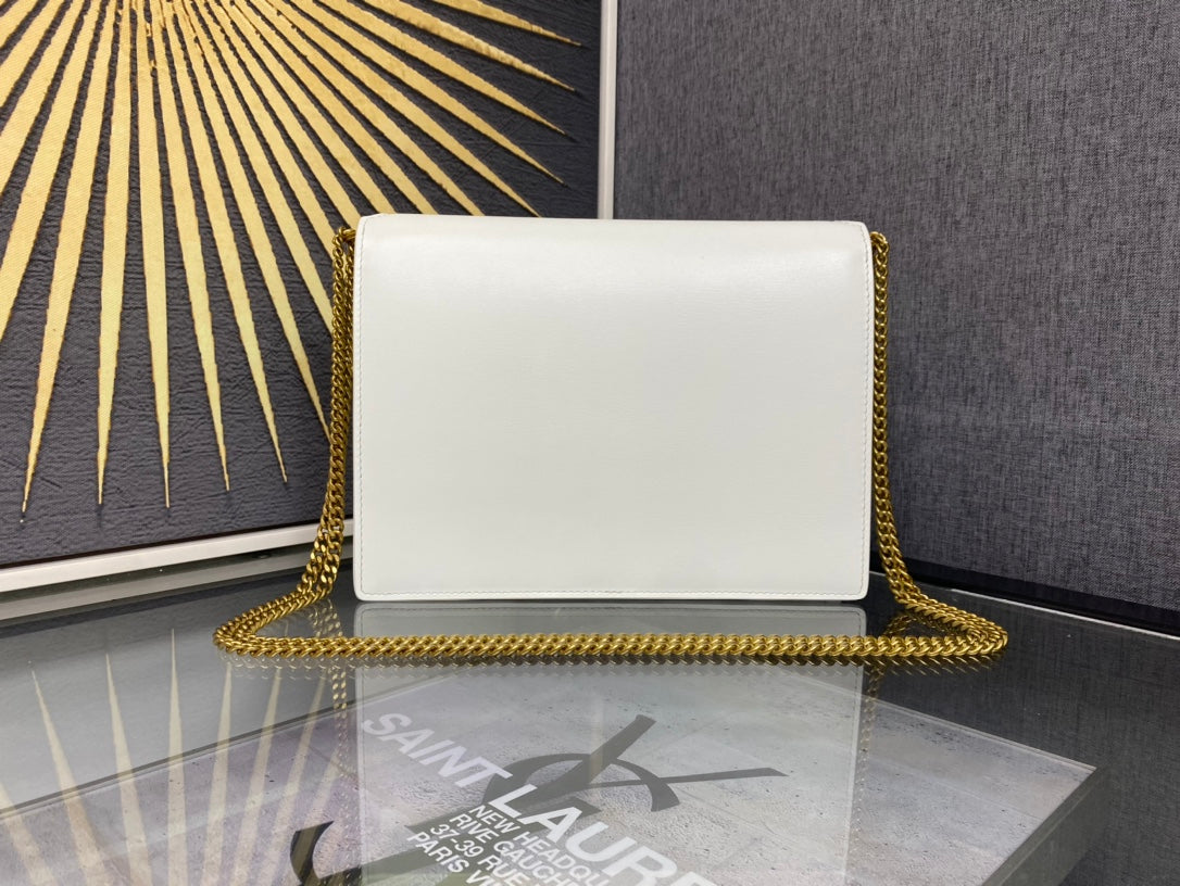 Saint Laurent Cassandra Medium Envelope Shoulder Bag in White Leather with Gold Hardware