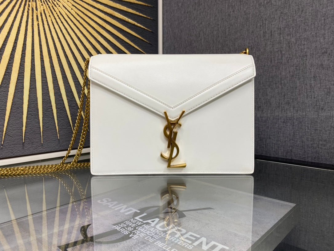 Saint Laurent Cassandra Medium Envelope Shoulder Bag in White Leather with Gold Hardware