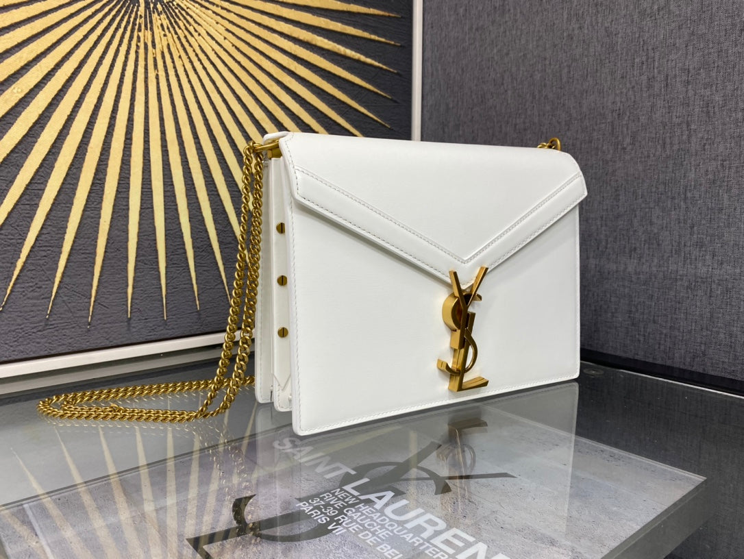 Saint Laurent Cassandra Medium Envelope Shoulder Bag in White Leather with Gold Hardware