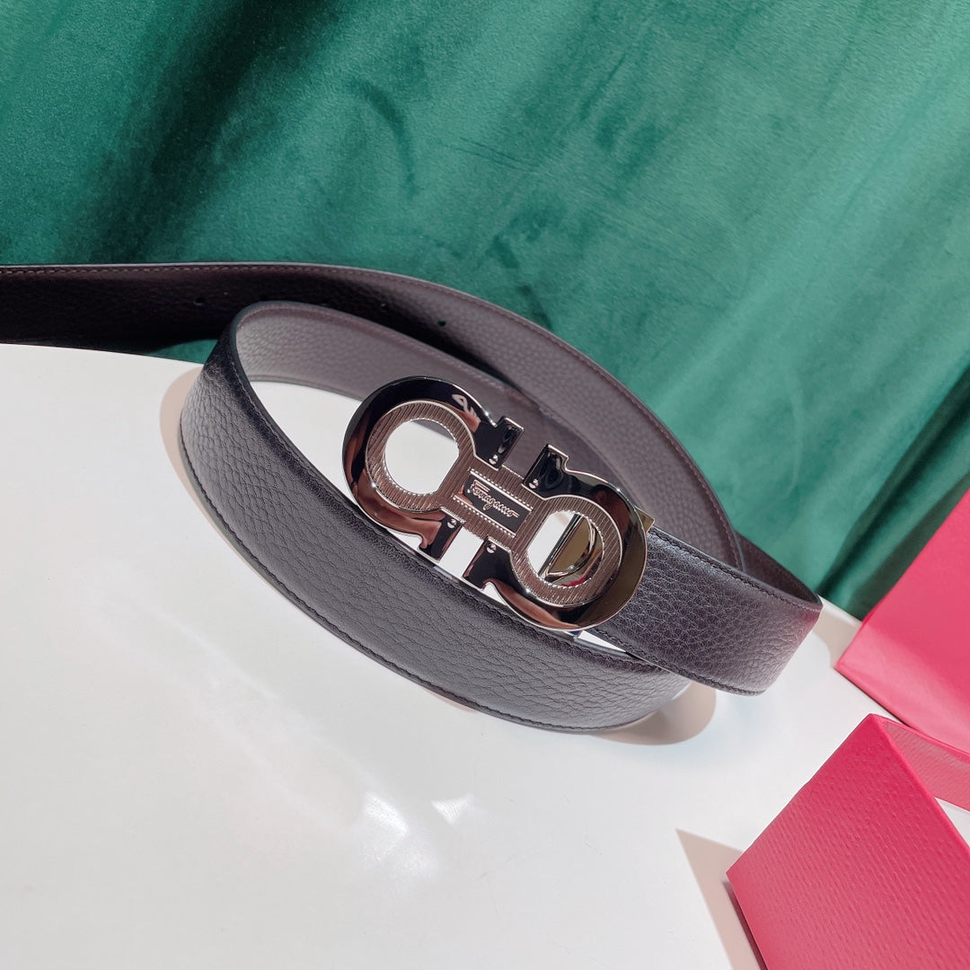 Salvatore Ferragamo Men's Gancini Reversible Belt in Black Pebbled Leather with Gunmetal Buckle