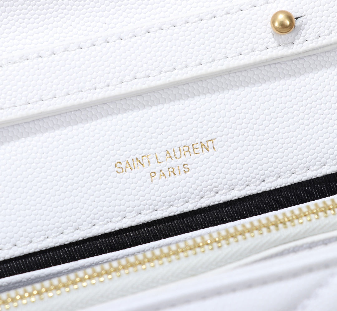 Saint Laurent Cassandre Matelassé Chain Wallet in White Grain de Poudre Leather with Gold Hardware