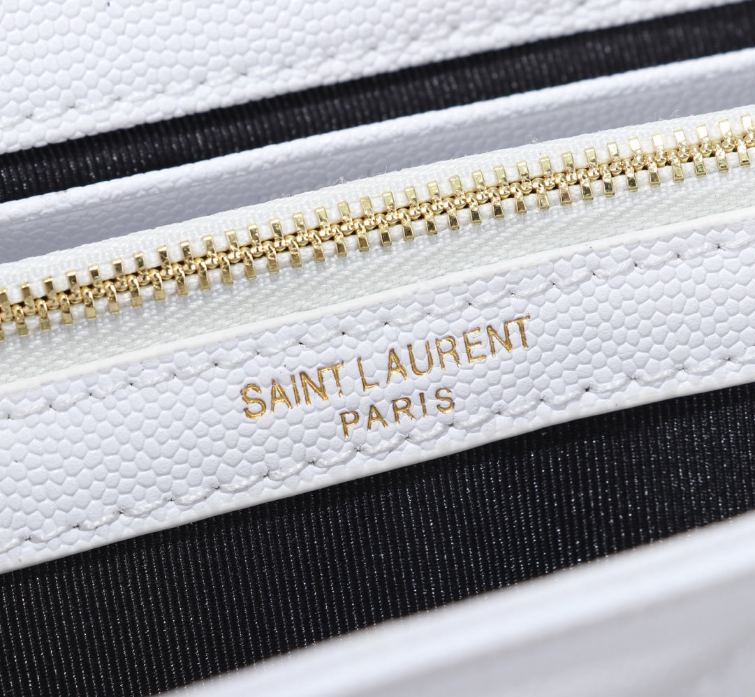 Saint Laurent Cassandre Matelassé Chain Wallet in White Grain de Poudre Leather with Gold Hardware