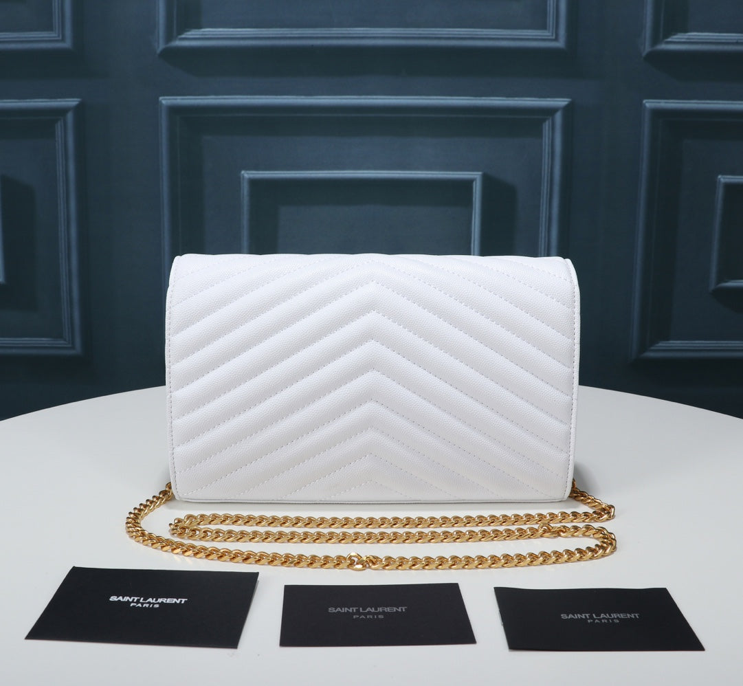 Saint Laurent Cassandre Matelassé Chain Wallet in White Grain de Poudre Leather with Gold Hardware