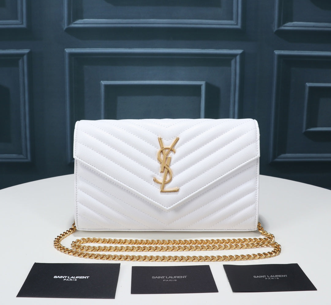 Saint Laurent Cassandre Matelassé Chain Wallet in White Grain de Poudre Leather with Gold Hardware