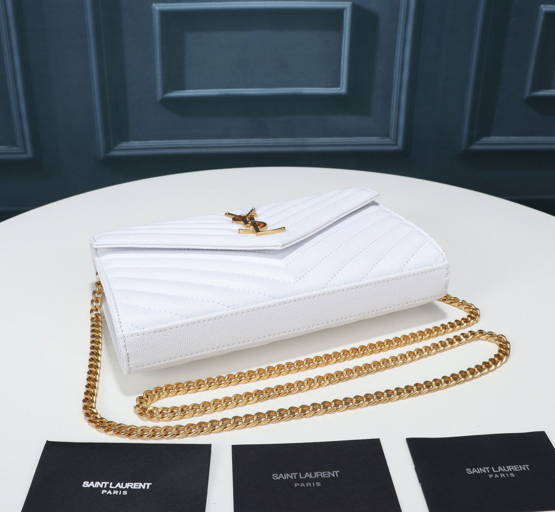 Saint Laurent Cassandre Matelassé Chain Wallet in White Grain de Poudre Leather with Gold Hardware