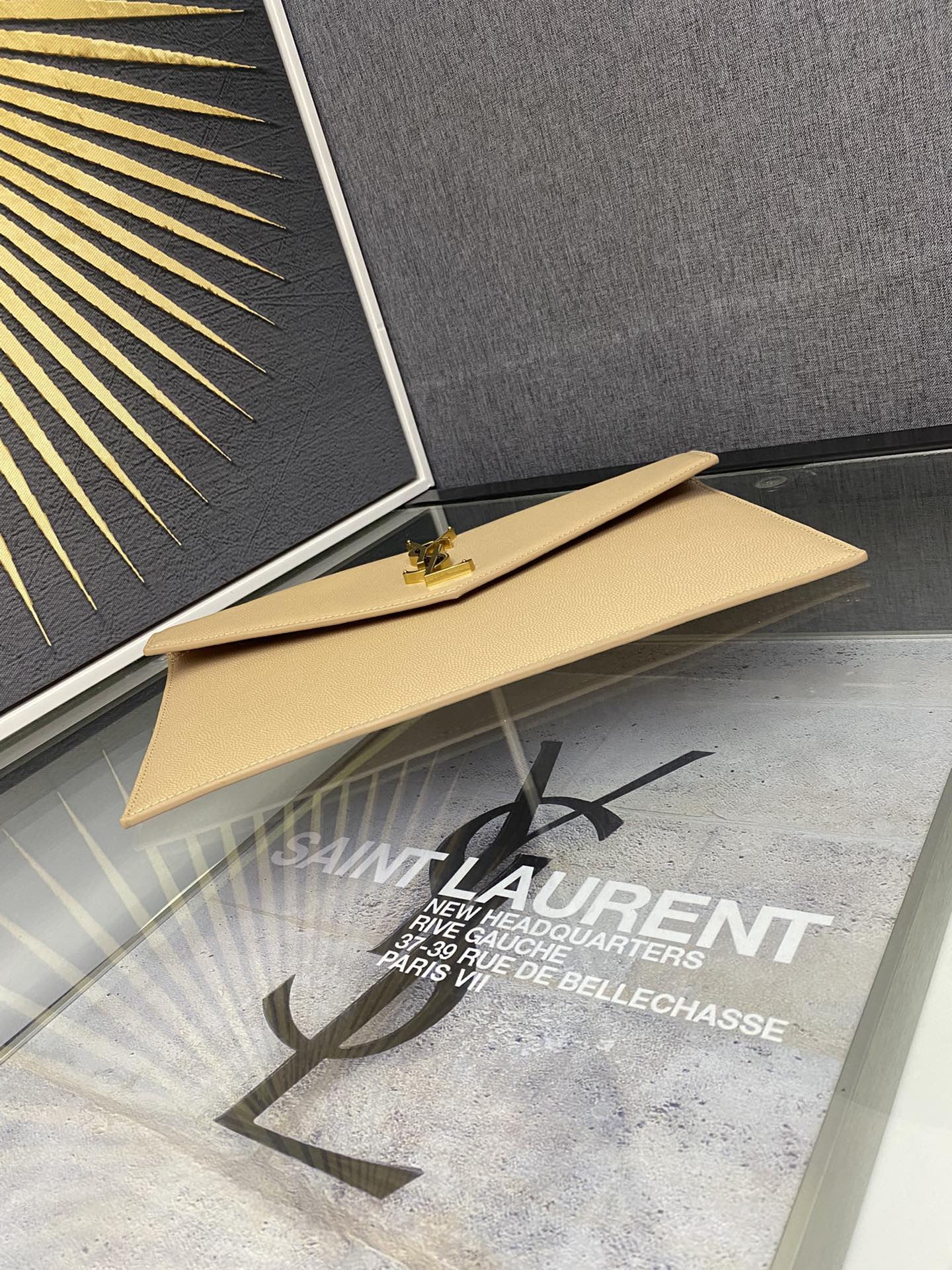 Saint Laurent Uptown Pouch in Shiny Smooth Leather - Beige