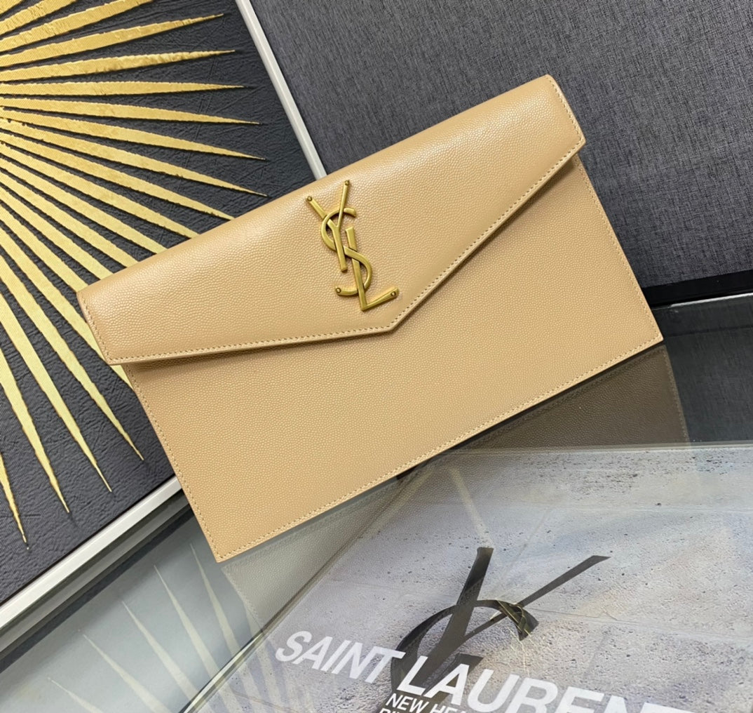 Saint Laurent Uptown Pouch in Shiny Smooth Leather - Beige