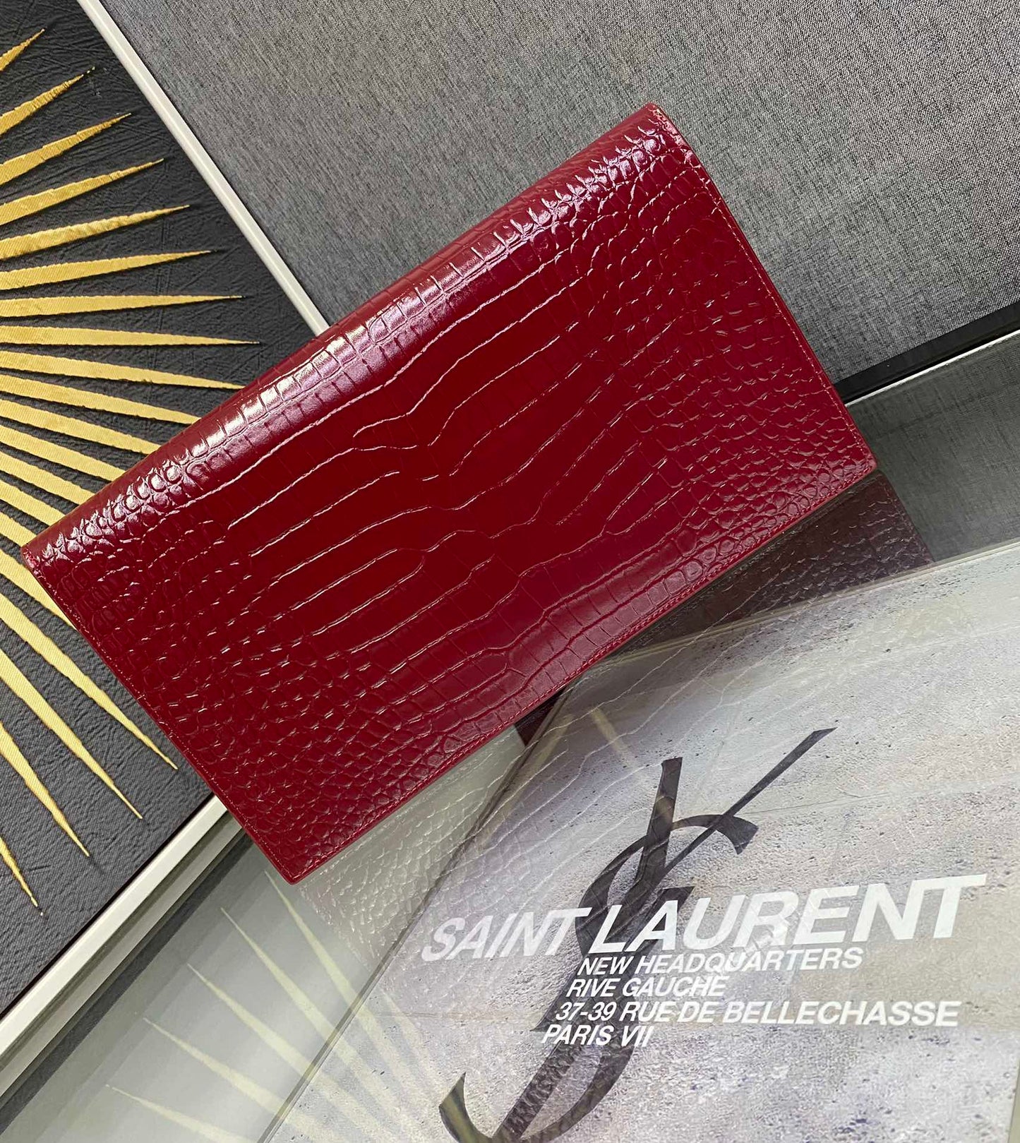 Saint Laurent Uptown Pouch in Crocodile-Embossed Leather - Red