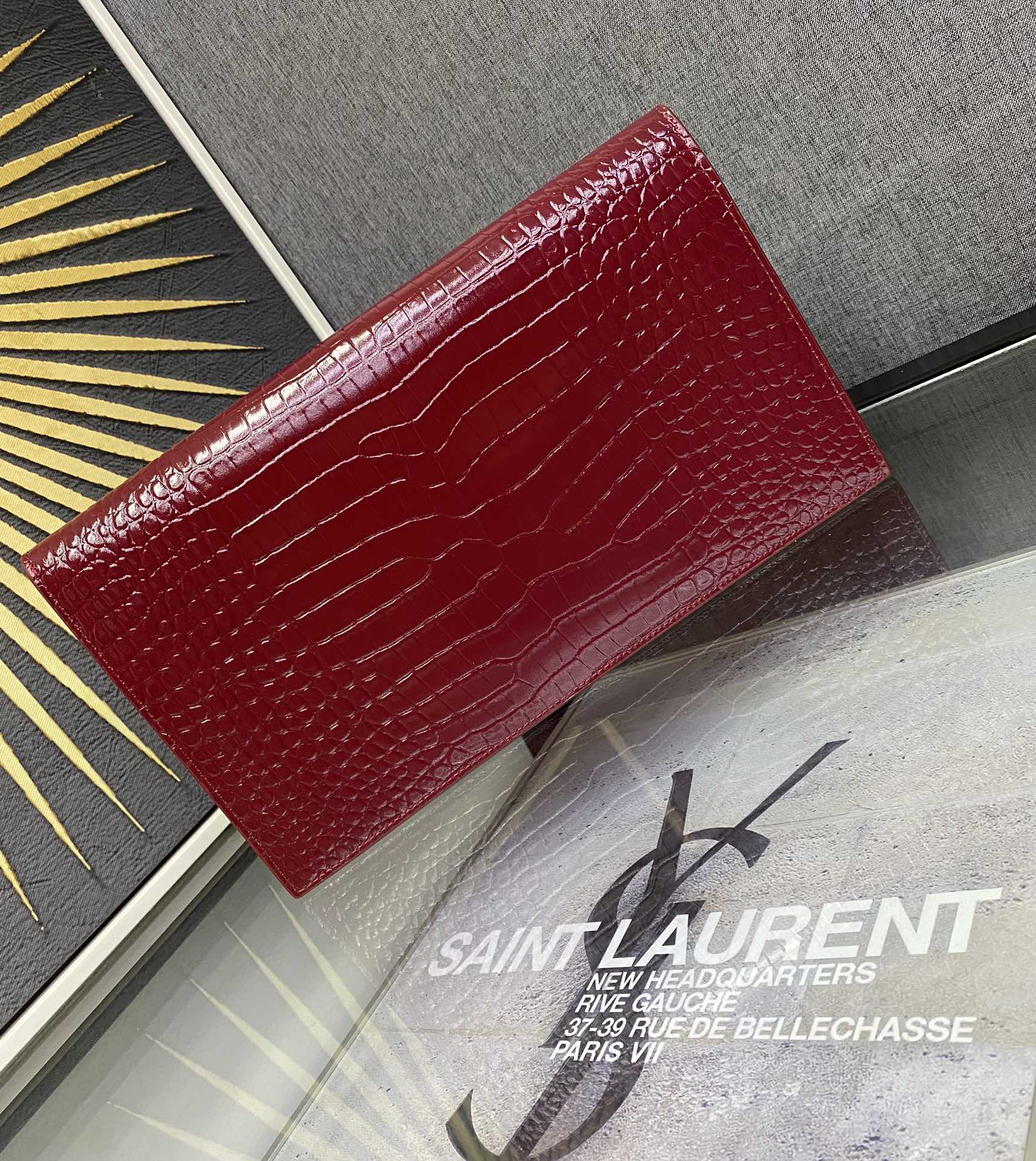 Saint Laurent Uptown Pouch in Crocodile-Embossed Leather - Red