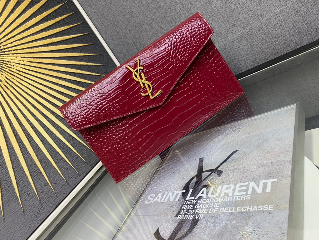 Saint Laurent Uptown Pouch in Crocodile-Embossed Leather - Red
