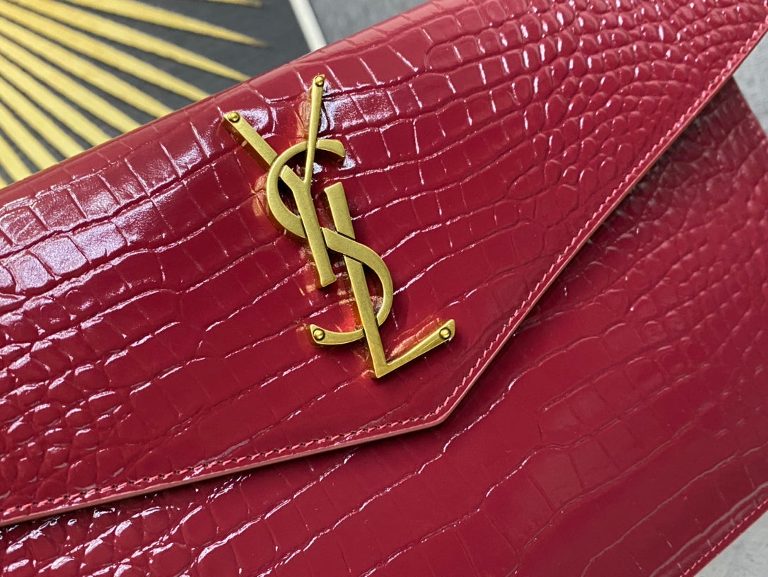 Saint Laurent Uptown Pouch in Crocodile-Embossed Leather - Red