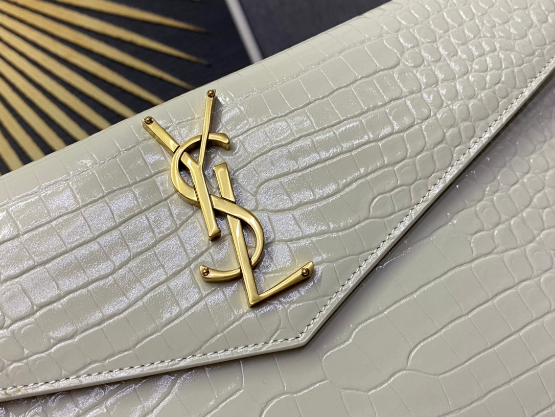 Saint Laurent Cassandre Lizard-Embossed Leather Envelope Pouch - Cream