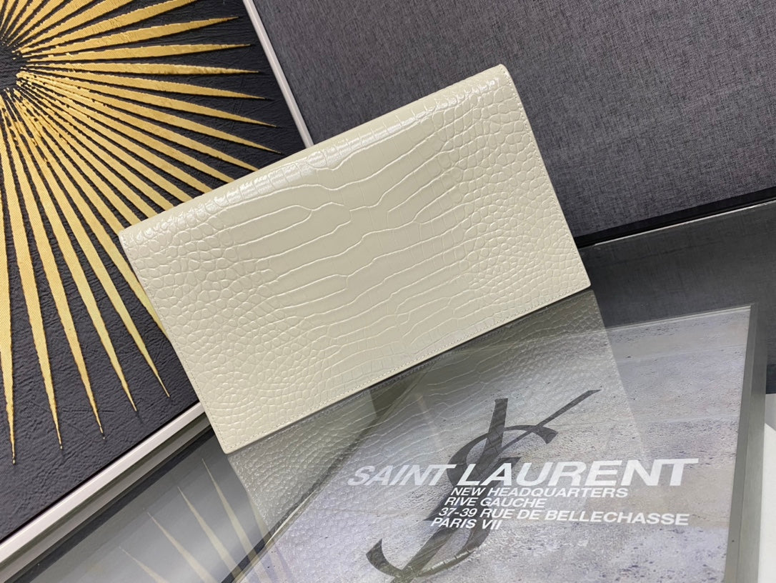Saint Laurent Cassandre Lizard-Embossed Leather Envelope Pouch - Cream