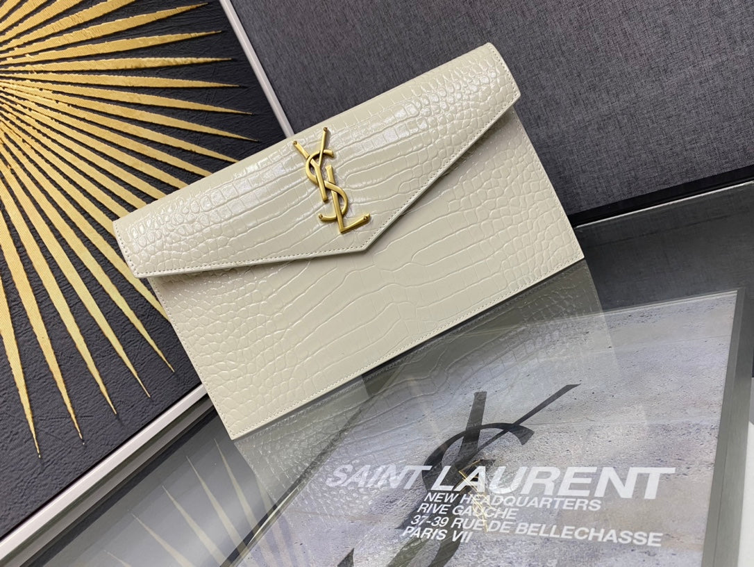 Saint Laurent Cassandre Lizard-Embossed Leather Envelope Pouch - Cream