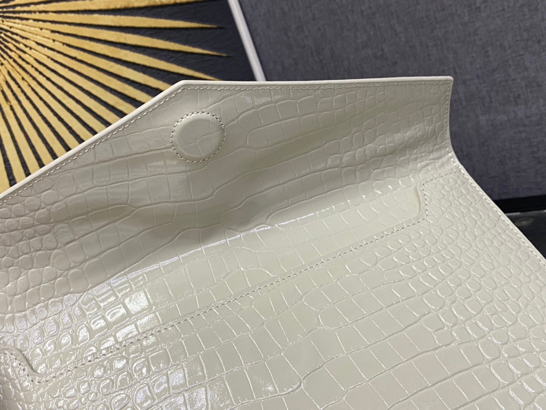Saint Laurent Cassandre Lizard-Embossed Leather Envelope Pouch - Cream