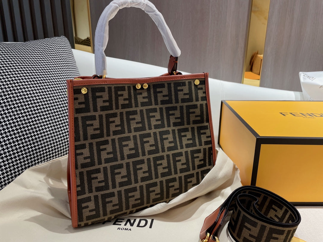 Fendi FF Monogram Canvas Tote Bag with Wide Logo Strap - Set of 2 Colors
