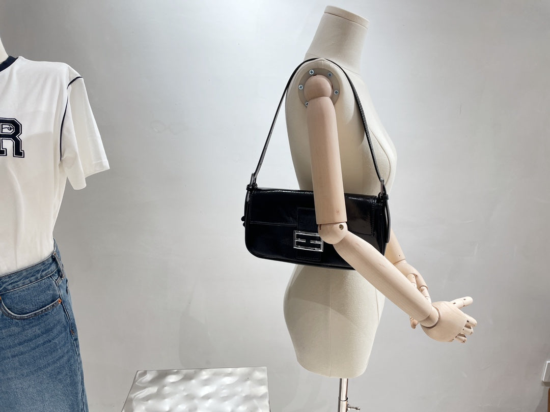 Women's Classic Black Baguette Shoulder Bag - Minimalist Underarm Handbag with Silver Buckle
