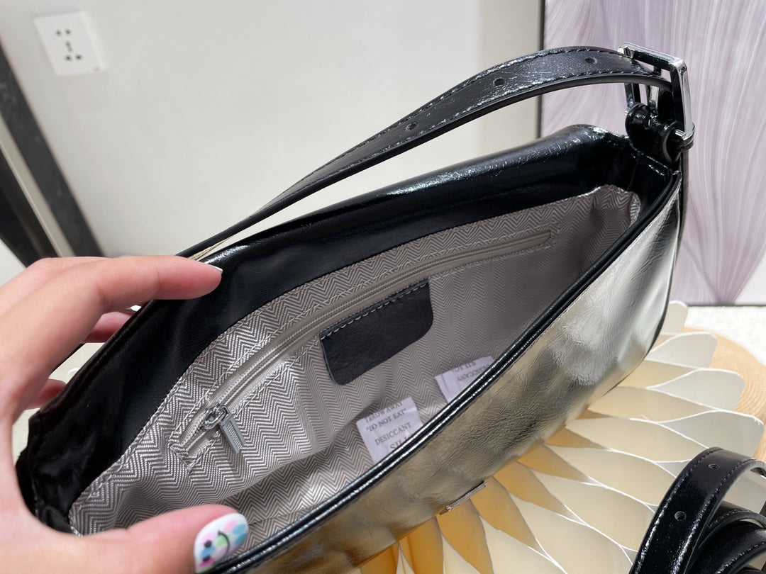 Women's Classic Black Baguette Shoulder Bag - Minimalist Underarm Handbag with Silver Buckle