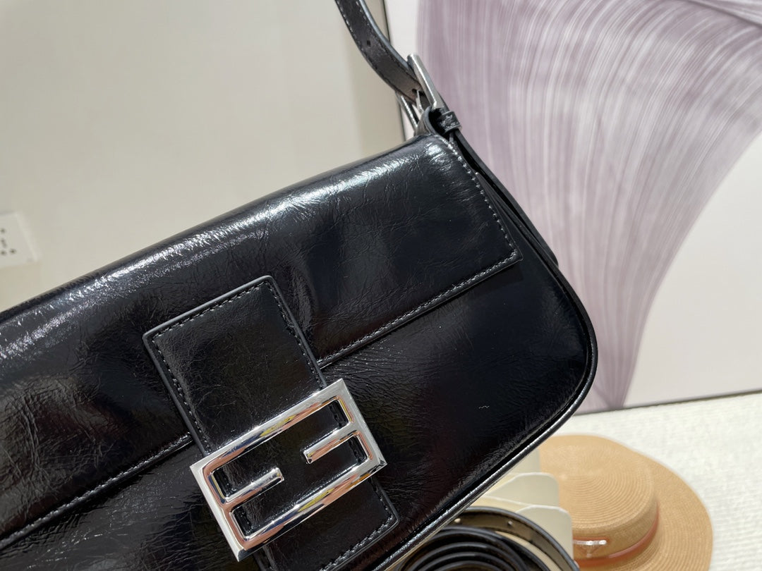 Women's Classic Black Baguette Shoulder Bag - Minimalist Underarm Handbag with Silver Buckle