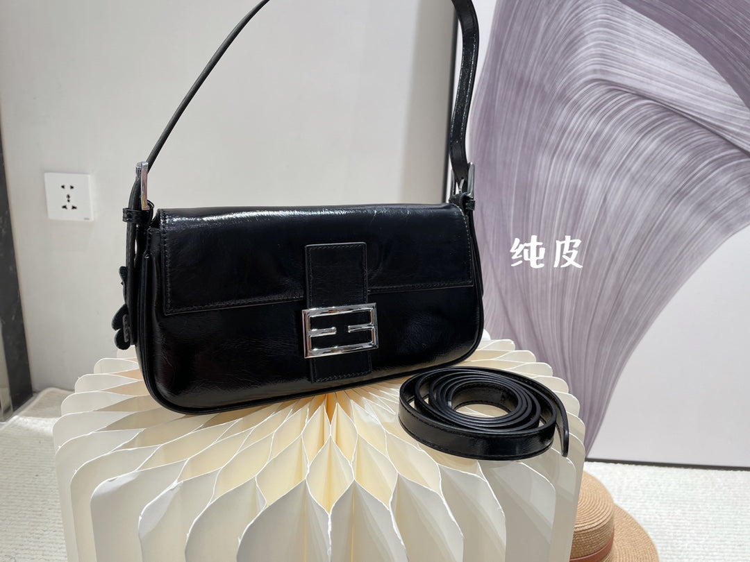 Women's Classic Black Baguette Shoulder Bag - Minimalist Underarm Handbag with Silver Buckle