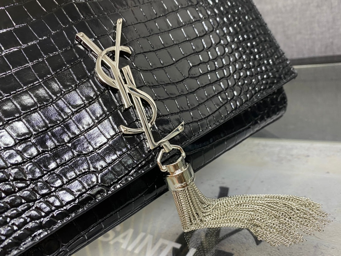 Saint Laurent YSL Kate Tassel Crocodile-Embossed Leather Chain Bag - Black