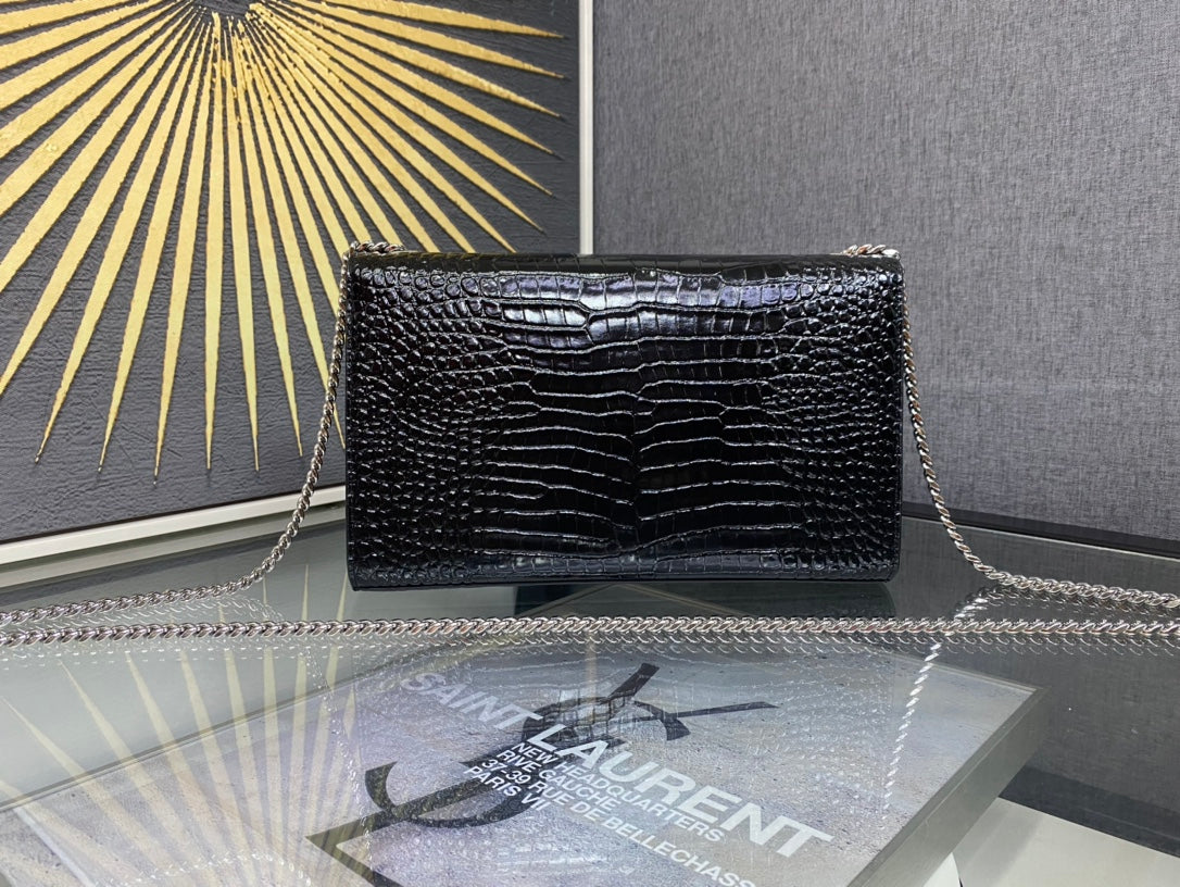 Saint Laurent YSL Kate Tassel Crocodile-Embossed Leather Chain Bag - Black