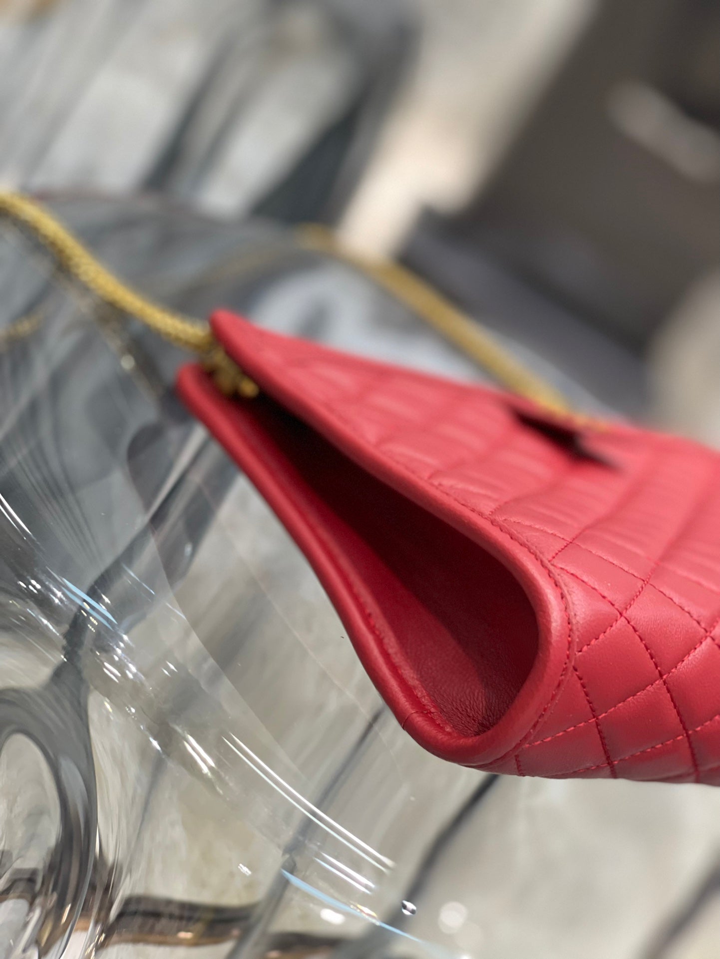 Red Quilted Leather Shoulder Bag with Gold Chain and Logo Detail