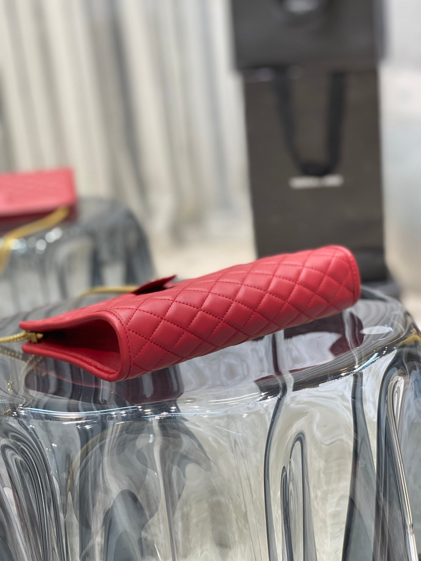 Red Quilted Leather Shoulder Bag with Gold Chain and Logo Detail