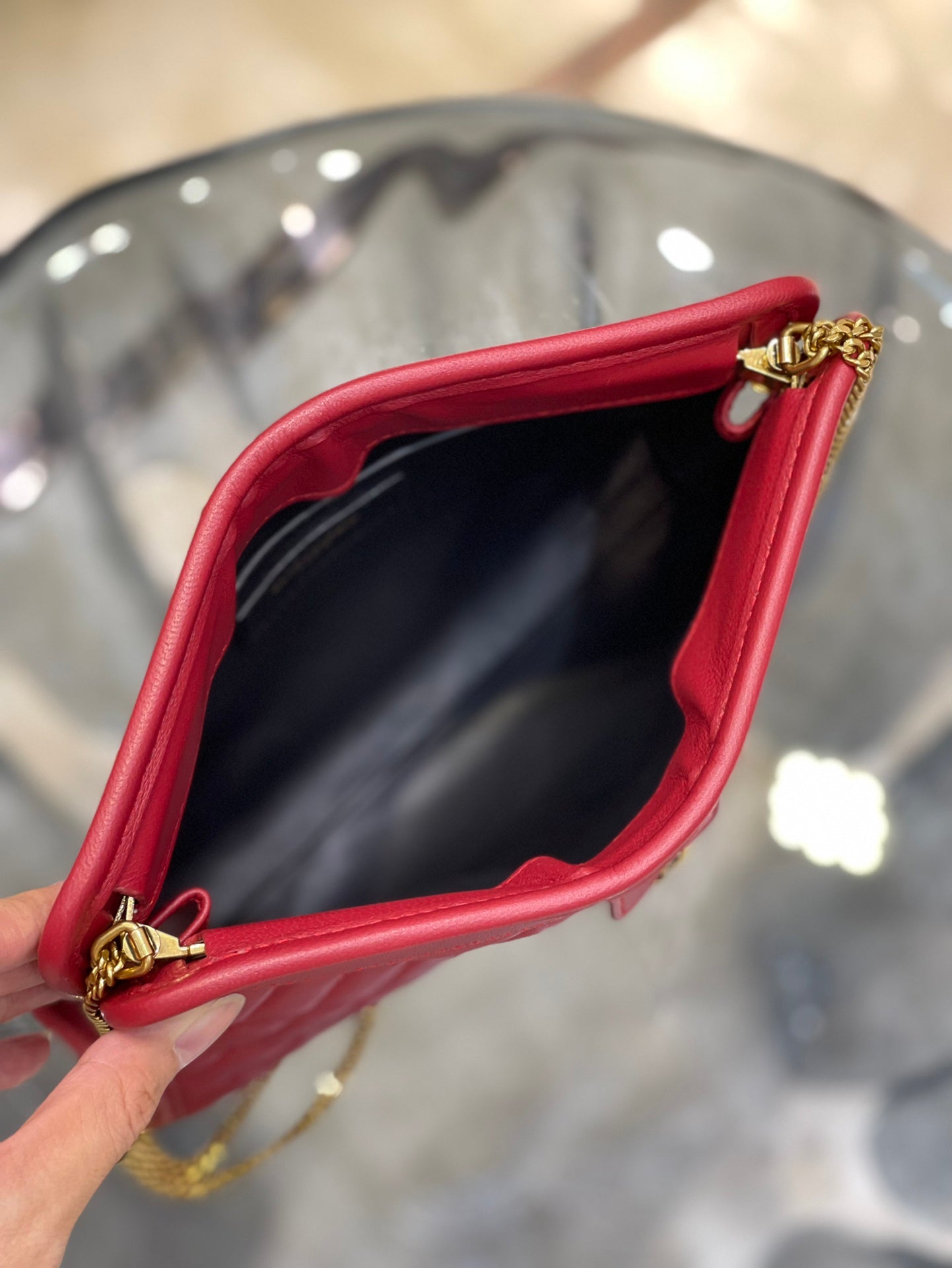Red Quilted Leather Shoulder Bag with Gold Chain and Logo Detail