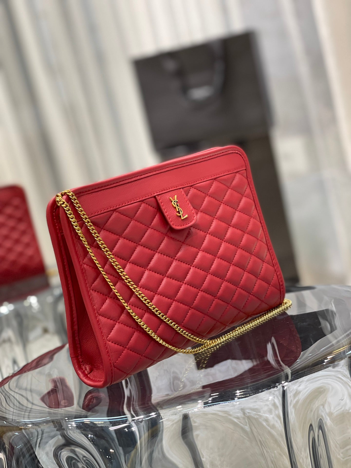 Red Quilted Leather Shoulder Bag with Gold Chain and Logo Detail