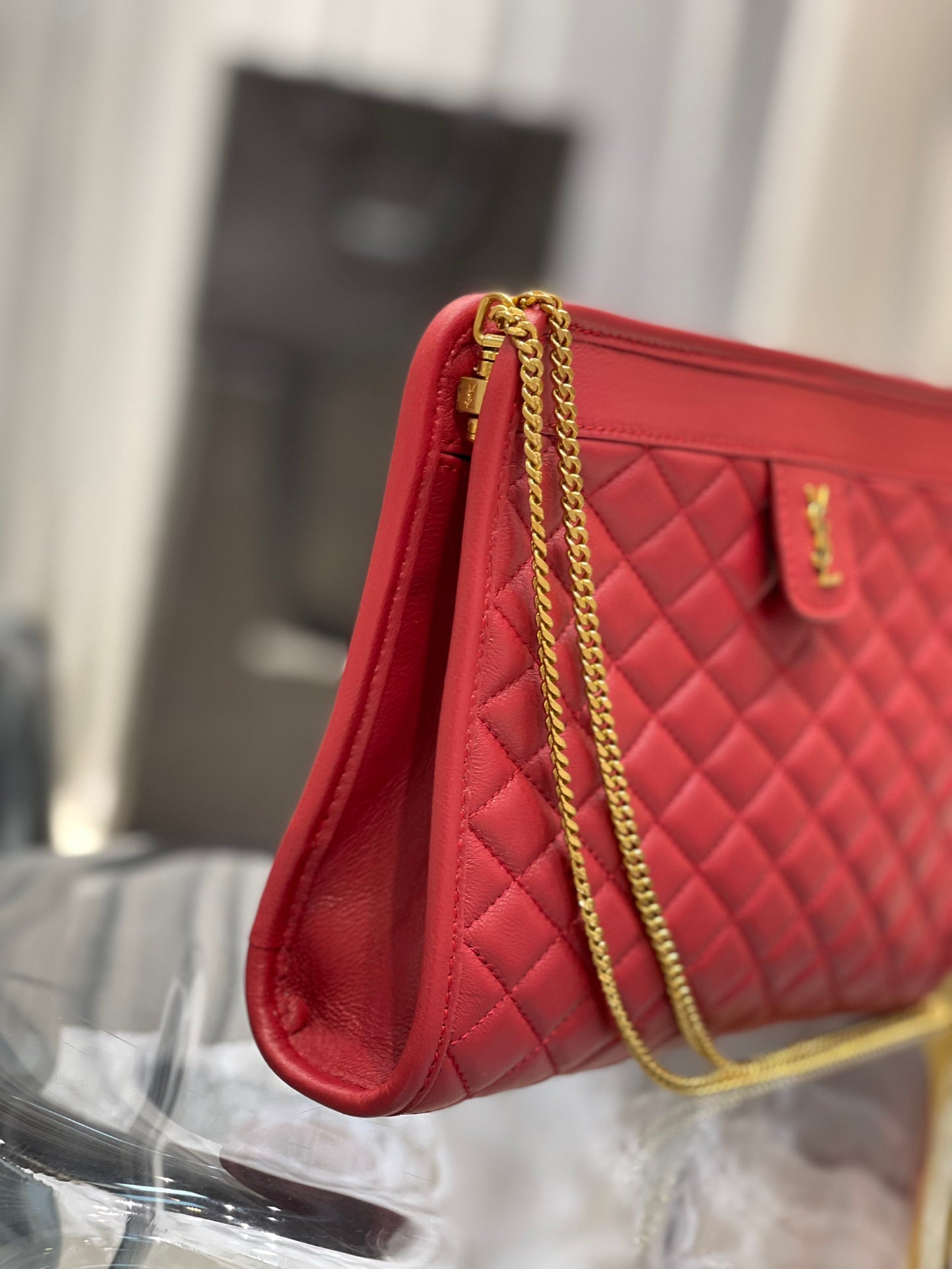Red Quilted Leather Shoulder Bag with Gold Chain and Logo Detail