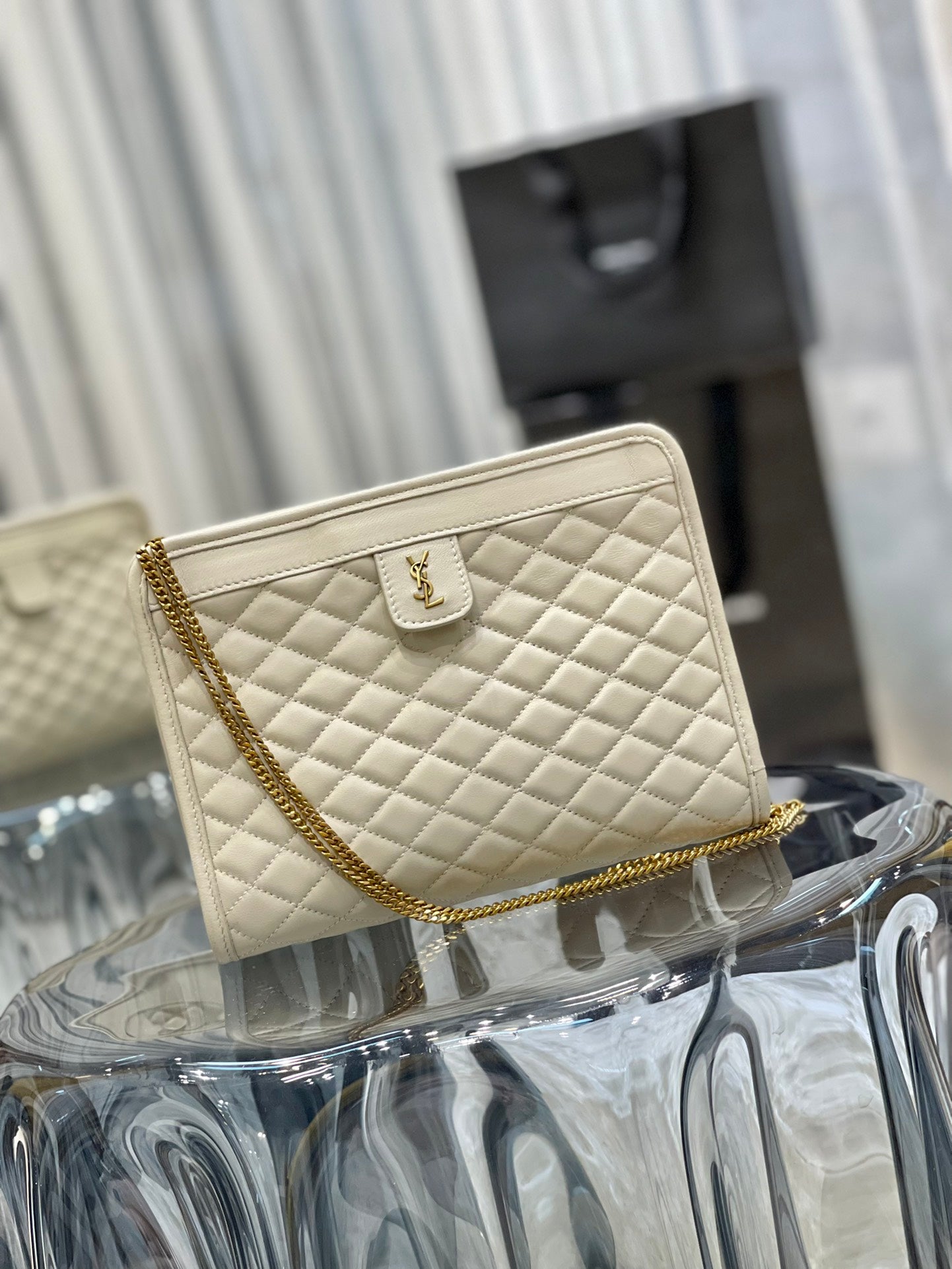 Saint Laurent Gaby Quilted Leather Shoulder Bag - Cream Off-White with Gold Hardware