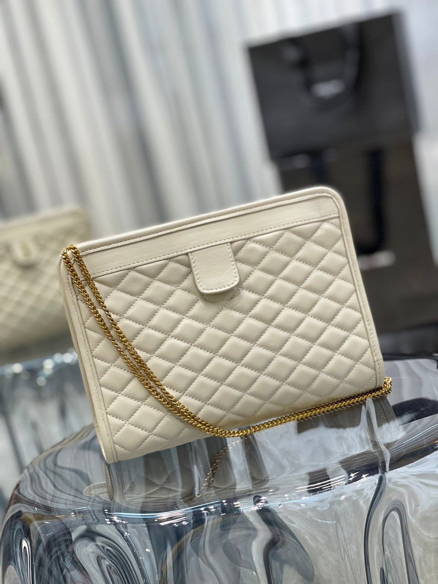 Saint Laurent Gaby Quilted Leather Shoulder Bag - Cream Off-White with Gold Hardware