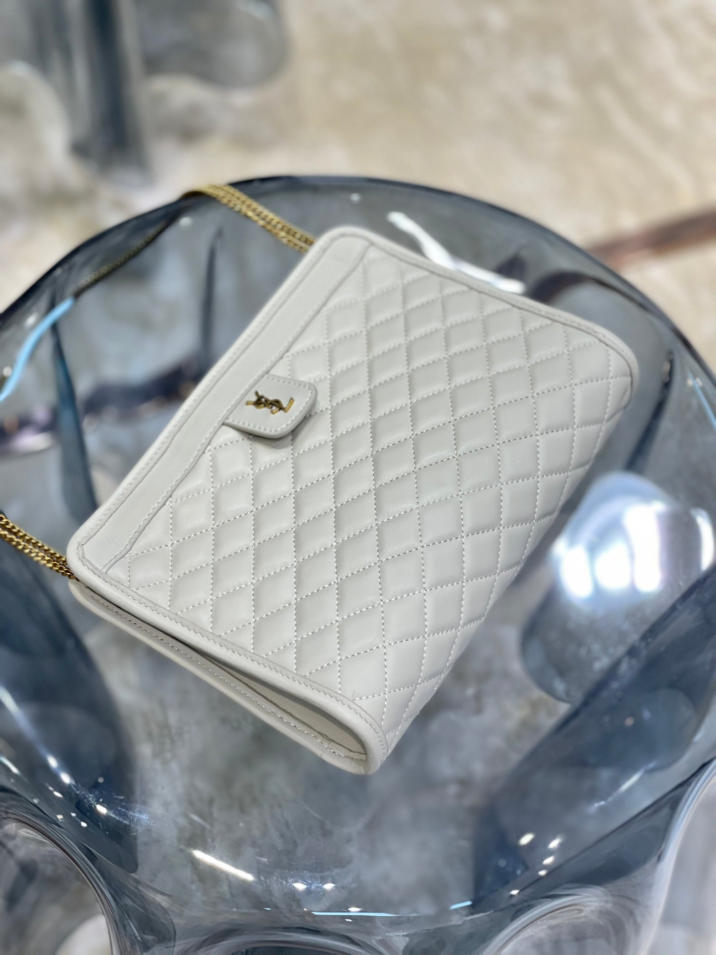 Saint Laurent Gaby Quilted Leather Shoulder Bag - Cream Off-White with Gold Hardware