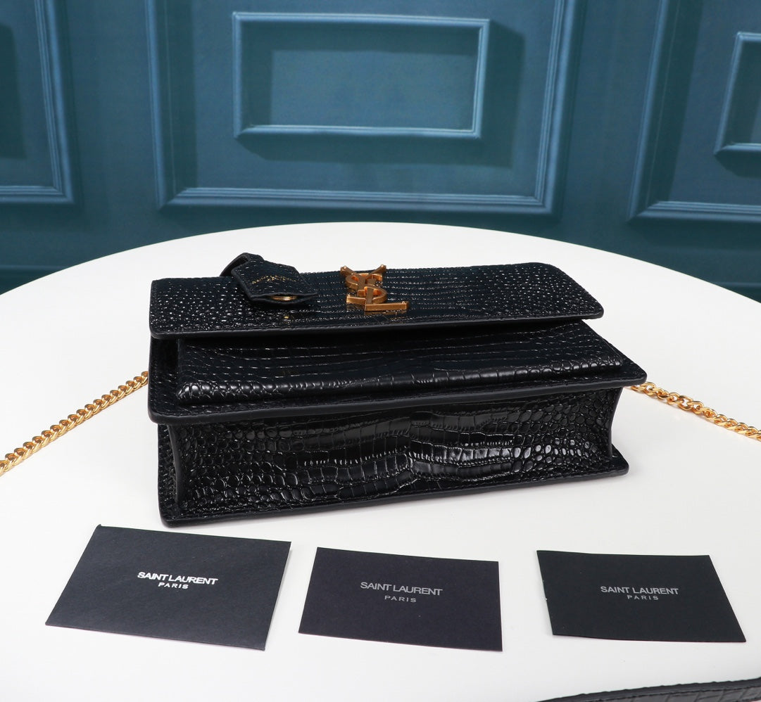 Saint Laurent Sunset Medium Shoulder Bag in Crocodile-Embossed Leather - Black