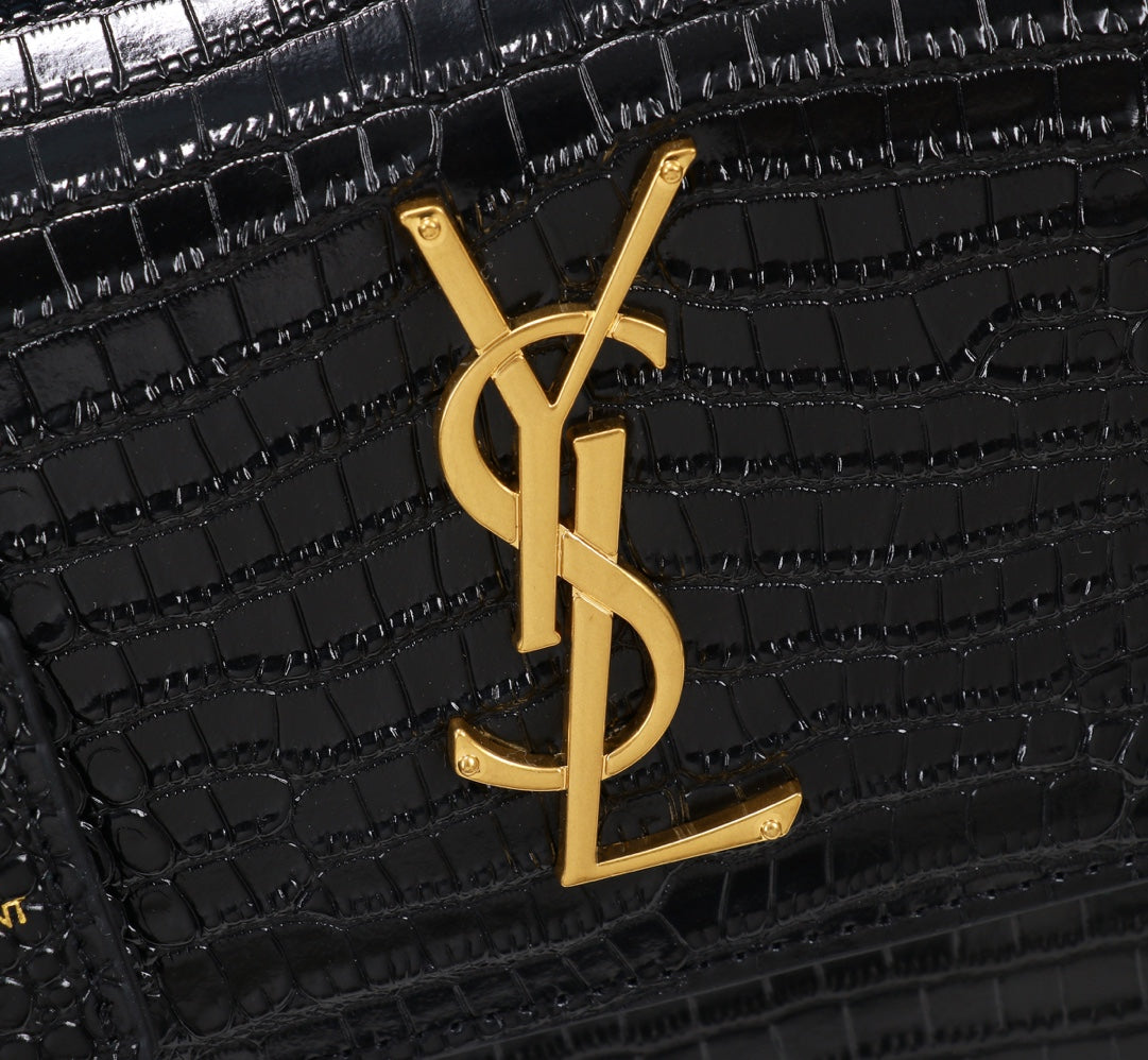 Saint Laurent Sunset Medium Shoulder Bag in Crocodile-Embossed Leather - Black