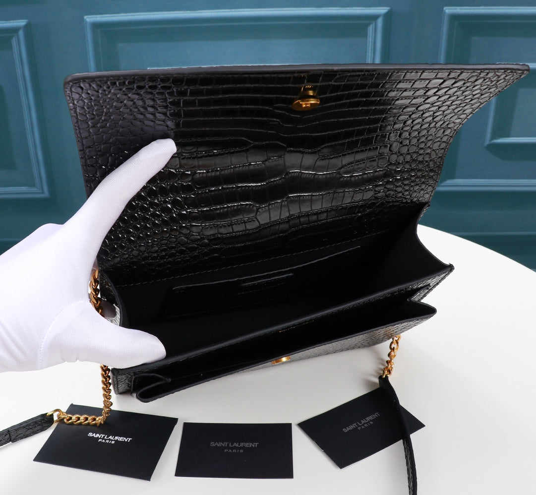 Saint Laurent Sunset Medium Shoulder Bag in Crocodile-Embossed Leather - Black