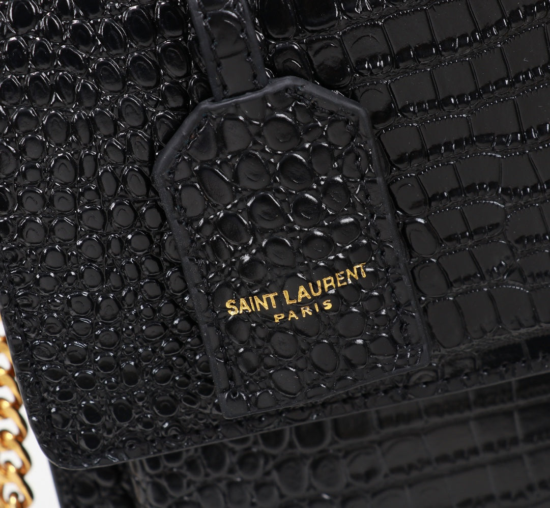 Saint Laurent Sunset Medium Shoulder Bag in Crocodile-Embossed Leather - Black