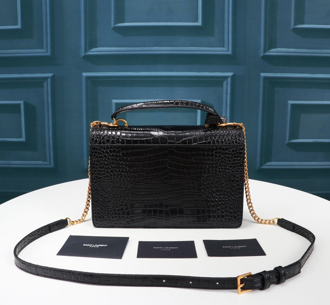 Saint Laurent Sunset Medium Shoulder Bag in Crocodile-Embossed Leather - Black