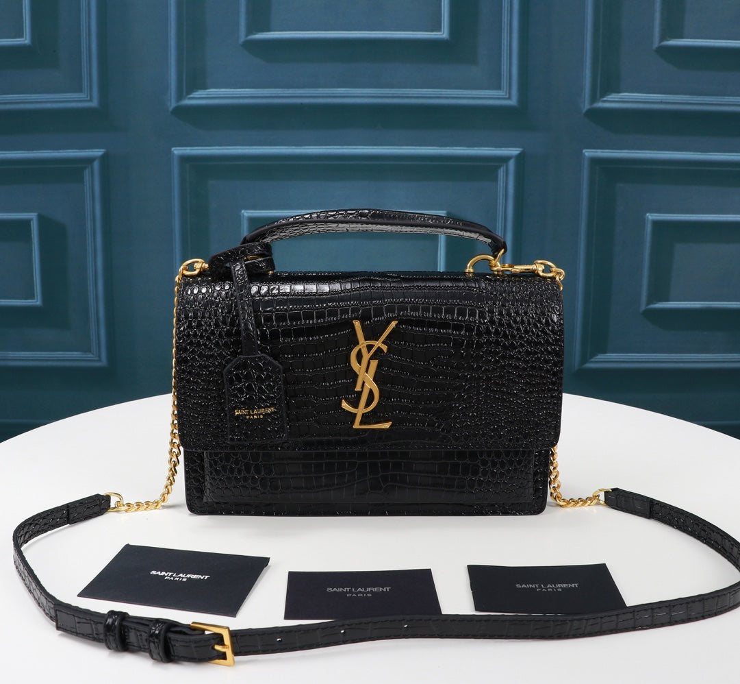 Saint Laurent Sunset Medium Shoulder Bag in Crocodile-Embossed Leather - Black