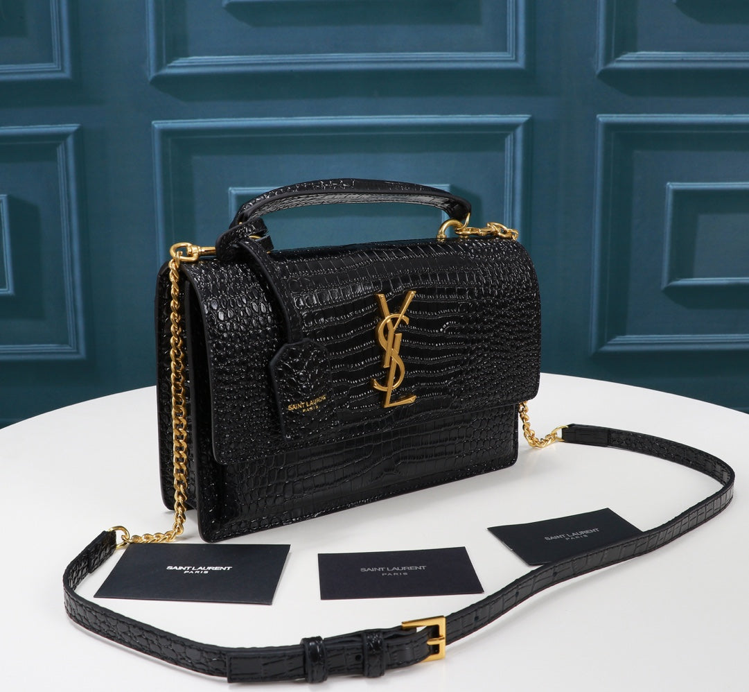 Saint Laurent Sunset Medium Shoulder Bag in Crocodile-Embossed Leather - Black