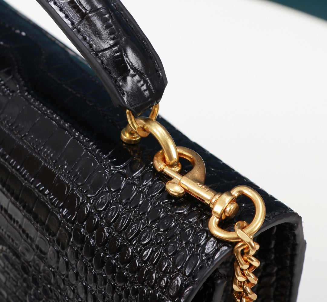 Saint Laurent Sunset Medium Shoulder Bag in Crocodile-Embossed Leather - Black