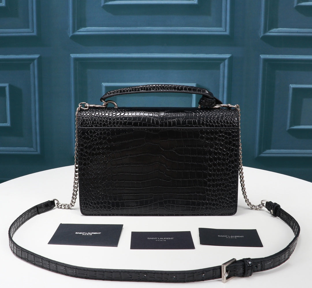 Saint Laurent Sunset Medium Shoulder Bag in Black Crocodile-Embossed Leather