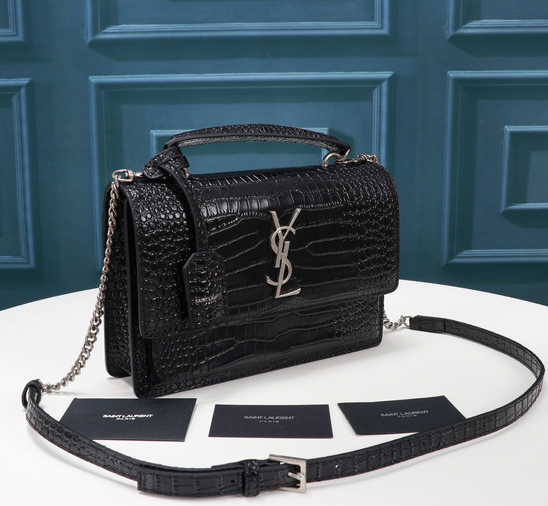 Saint Laurent Sunset Medium Shoulder Bag in Black Crocodile-Embossed Leather